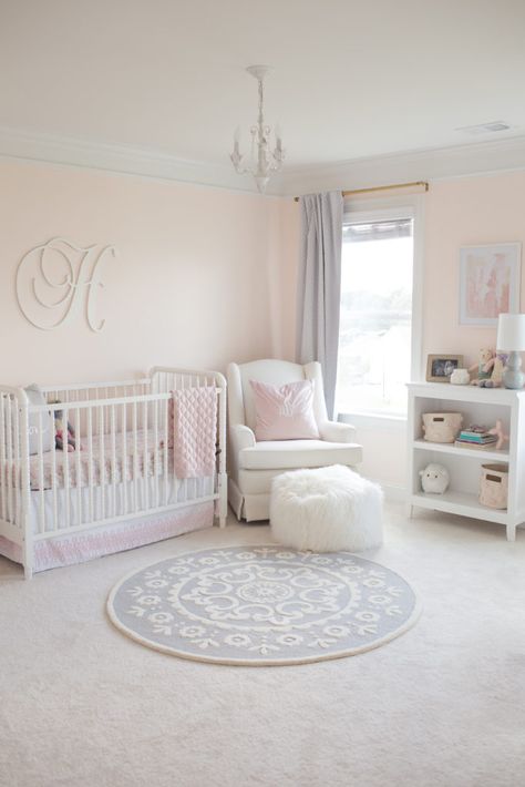 We found out we were expecting just 2 months after moving into our brand new home in Woodstock, GA. I couldn't wait to design and create another nursery for a girl (we have a 5 year old little girl at home as well)! I ultimately wanted to create a space that would be soothing, sweet, and in general a place where all of us would want to hang out! I stuck with Blush Pink, Grey and Gold in her nursery as I knew these colors would work well with some items we were going to recycle from Big Sister's Light Pink Nursery, Blush Pink Nursery, Girl Nursery Pink, Girl Nursery Themes, Gold Nursery, Girl Nursery Room, Nursery Baby Room, Pink Nursery