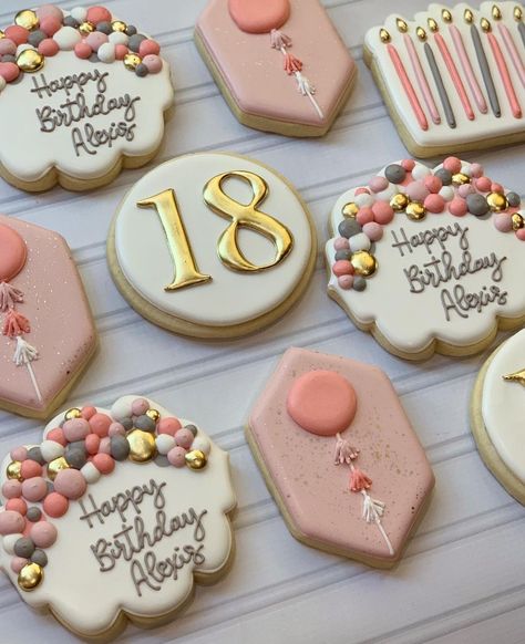 Decorated Birthday Cookies, Birthday Biscuits, Balloon Cookies, Happy Birthday Cookie, Royal Iced Cookies, Cookies Theme, Sugar Cookie Royal Icing, Sugar Cookie Designs, Fondant Cookies