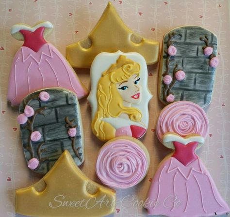 Sleeping Beauty Princess cookies by SweetArt Cookie Co Princess Dress Cookies, Princess Aurora Party, Aurora Party, Sleeping Beauty Birthday Party, Beauty Party Ideas, Sleeping Beauty Cake, Aurora Birthday, Maleficent Party, Sleeping Beauty Party