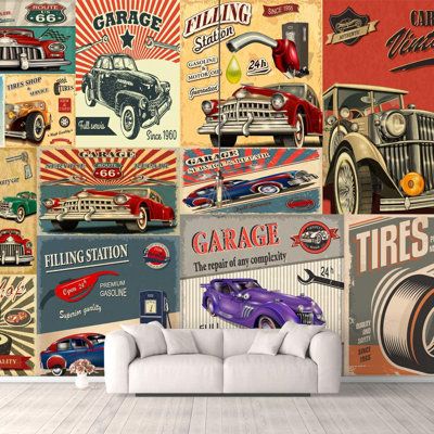 The large wall murals are extremely easy to apply, remove or reposition. Just peel & stick. Size: 8.33' W x 12' L | IDEA4WALL Car Garage Collage Paintable Wall Mural Vinyl | 100 W in | Wayfair | Home Decor Garage Wall Mural, Vintage Garage Ideas, Car Mural, Boys Car Bedroom, Garage Mural, Vintage Car Bedroom, Cars Mural, Car Showroom Interior, Vintage Car Garage