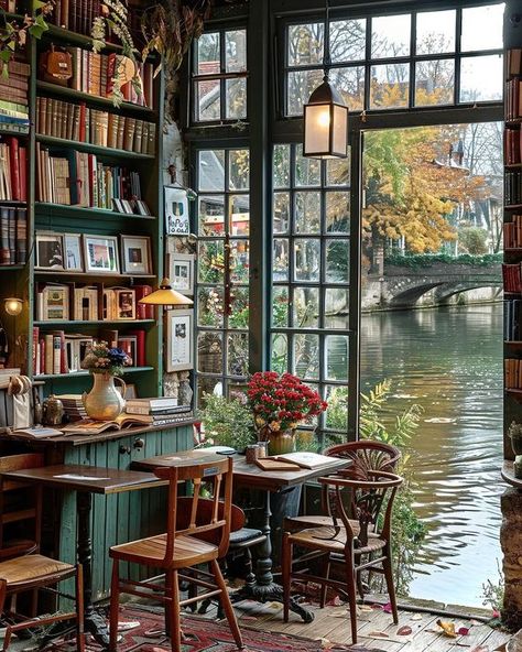 Beautiful Shop Interiors, Coffee Shop Inspiration, Cozy Book Store, Book Cafes, Book Cafe Ideas, Fall Cafe, Autumn Cafe, Bookshop Café, Library Cafe