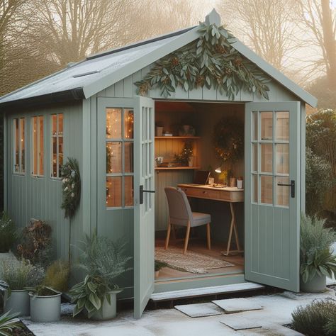 Every plant enthusiast is going to fall in love with this wintery, lush green garden office set up! Imagine having your very own with Johnsons 🌱 Garden Office Exterior Colours, Brick Garden Office, Summer House Office, Office In Shed, Office Sheds Backyard Interior, Inside Garden Room, Small Garden Room Ideas, Garden Shed With Porch, Office Sheds Backyard