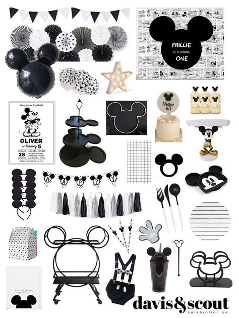 DIY Mickey Mouse in Black & White Celebration — Davis & Scout Celebration Co. Modern Mickey Mouse Party, Mickey Decor, Diy Mickey Mouse, White Vibe, Mickey Mouse Birthday Theme, Miki Mouse, Mickey Baby Showers, Mickey Decorations, Mickey First Birthday