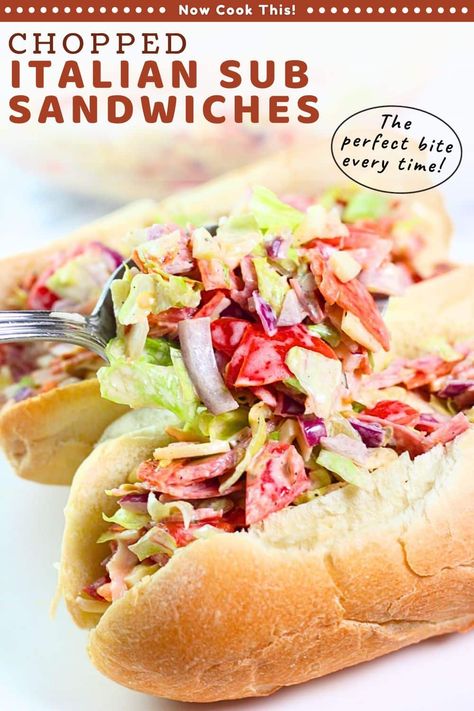 These chopped Italian sandwiches are quick and easy to prepare and are filled with bite-sized pieces of Italian meats, cheese and veggies tossed with a creamy dressing. It's the best way to make an Italian hoagie because you get the perfect bite every time. Great for lunch or as a sandwich-night supper! Get the recipe and try it! Hoagie Recipes, Chopped Italian Sub, Sandwich Night, Italian Sandwich Recipes, Italian Sandwiches, Hoagie Sandwiches, Italian Hoagie, Italian Sub, Italian Sandwich