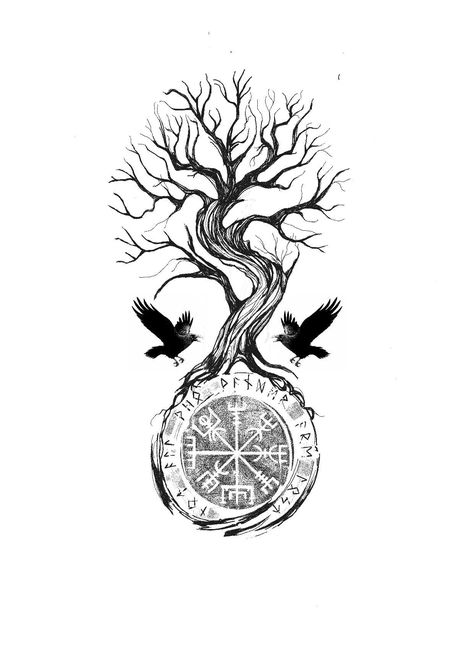 Vegvisir And Yggdrasil Tattoo, Yggdrasil Tattoo Vikings Tree Of Life, Yddrasil Tree Tattoo, Viking Tattoo Design Drawings, Yggdrasil Tattoo Vikings, Yggdrasil Tattoo Design, Ygdrassil Tattoo, Tree Of Yggdrasil, Yggdrasil Tattoo