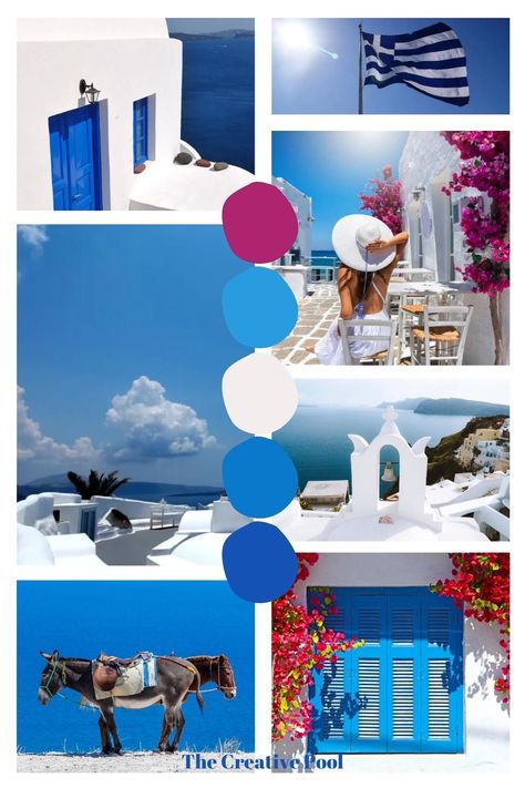 Mama Mia Color Palette, Santorini Color Palette, Blue And White Mood Board, Mamma Mia Color Palette, Greece Mood Board, Mamma Mia Nails Ideas, Feminine Mood Board, Greece Travel Aesthetic, Blue Mood Board