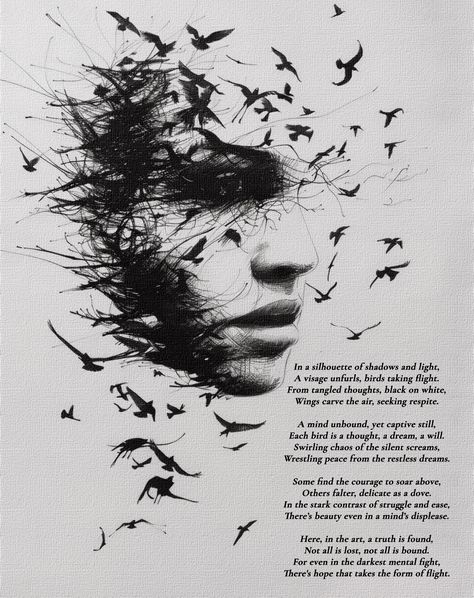 In a silhouette of shadows and light, A visage unfurls, birds taking flight. From tangled thoughts, black on white, Wings carve the air, seeking respite. A mind unbound, yet captive still, Each bird is a thought, a dream, a will. Swirling chaos of the silent screams, Wrestling peace from the restless dreams. Some find the courage to soar above, Others falter, delicate as a dove. In the stark contrast of struggle and ease, There’s beauty even in a mind’s displease. Here, in the art, a truth... Health Painting, Liberation Art, Shadows And Light, Shadow Drawing, Water Color Pencil, Mannequin Art, White Wings, Acrylic Artwork, A Thought