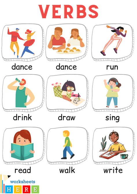 Verbs with Pictures in English, 100 Action Verbs with Pictures - WorksheetsHere.com Action Verbs Activities, Types Of Verbs, Verbs Activities, Verbs List, Action Verbs, The Sentence, English Verbs, Action Words, English Class