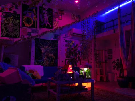 Basement Chill Room, Sesh Shed Ideas, Cool Basement Ideas Hangout Room, Sesh Room, Sala Grunge, Hippy Room, Neon Room, Chill Room, Retro Room