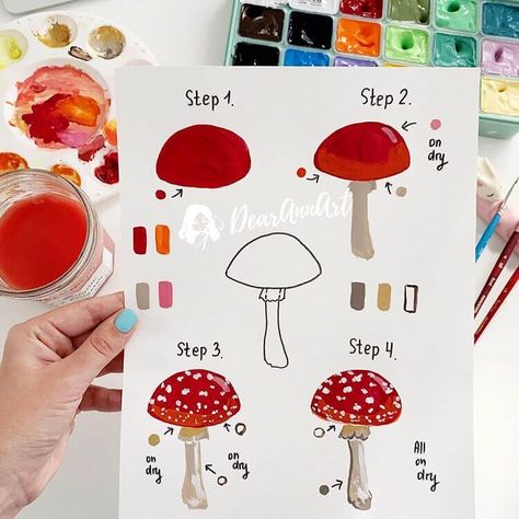 Mushroom Paint, Mushroom Drawing, Gouache Art, Seni Cat Air, Watercolor Art Lessons, Lukisan Cat Air, Mushroom Art, Beginner Painting, Art Inspiration Painting