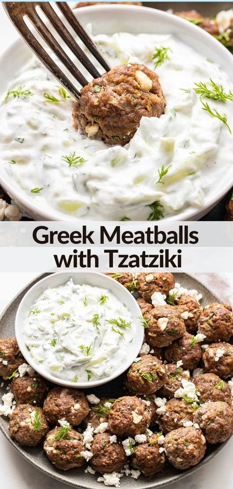 Tzatziki Appetizer, Greek Meatballs With Tzatziki Sauce, Meatballs With Tzatziki Sauce, Taziki Sauce, Runner Recipes, Feta Tzatziki, Greek Meatballs Recipe, Recipe Runner, Appetizer Dinner