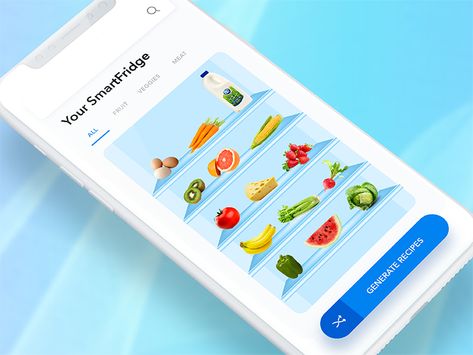 The Daily Hack 4 - Smart Fridge Recipe Generator by Andrea Hock Food In Fridge, Smart Fridge, Ui Ux 디자인, Ui Color, Recipe Generator, Daily Hacks, Clam Recipes, Industrial Design Sketch, All Fruits