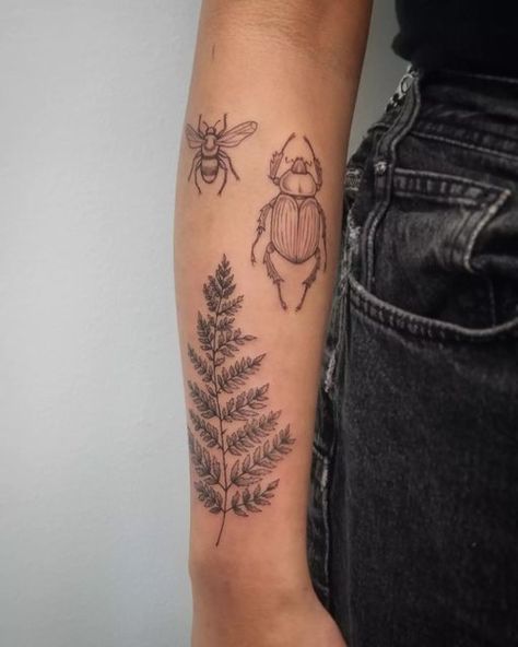 Botanical Sticker Sleeve Tattoo, Boston Fern Tattoo, Unique Insect Tattoo, Fineline Fern Tattoo, Fern And Bee Tattoo, Earthy Leg Tattoo, Delicate Fern Tattoo, Beautiful Crazy Tattoo, Fineline Nature Tattoo