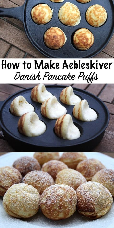 Danish Aebleskiver — Practical Self Reliance Scandinavian Sweets, Scandinavian Dinner, Danish Dishes, Pancake Puffs, Danish Traditions, Poffertjes Recipe, Aebleskiver Recipe, Ebelskiver Recipe, Takoyaki Pan