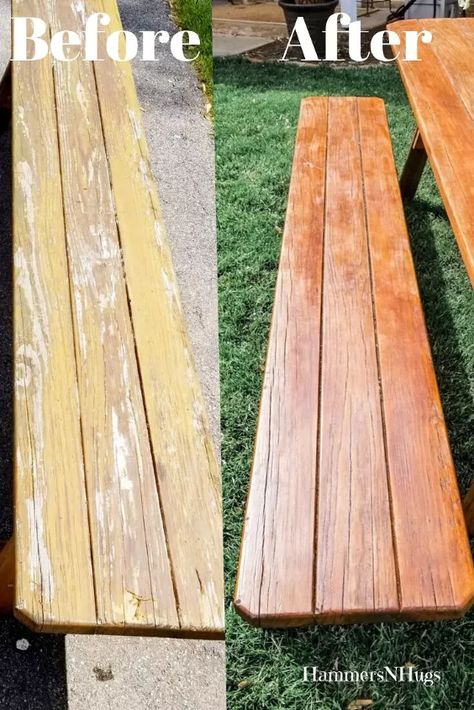 Stain Picnic Table, Refinishing Picnic Table, Wooden Picnic Table Makeover, Picnic Table Painting Ideas, Painted Picnic Tables, Picnic Table Makeover, Diy Picnic, French Country Ideas, Wooden Outdoor Furniture