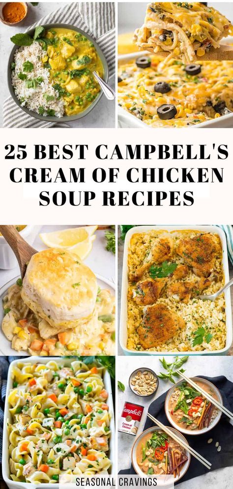 These Campbell's cream of chicken soup recipes are game-changers! They'll show you exactly how easy it is to make the most delicious recipes using this simple ingredient! Chicken Soup Casserole Recipes, Campbell’s Cream Of Chicken Recipes, Uses For Cream Of Chicken Soup, Soups With Cream Of Chicken, Campbells Dinner Recipes, Recipes To Use Cream Of Chicken Soup, Easy Recipes Using Cream Of Chicken Soup, Campbell Soup Casserole Recipes, Casserole With Cream Of Chicken Soup