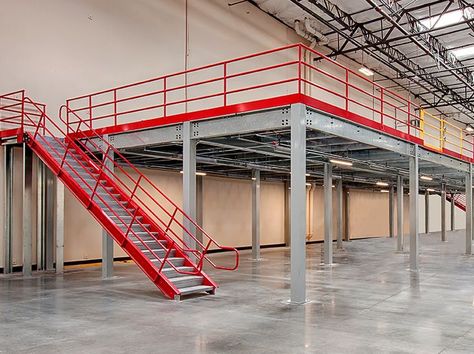 industrial mezzanines Mezanine Floor, Warehouse Mezzanine, Warehouse Office Space, Warehouse Office Design, Hobby Room Design, Industrial Staircase, Warehouse Interior, Industrial Stairs, Factory Interior