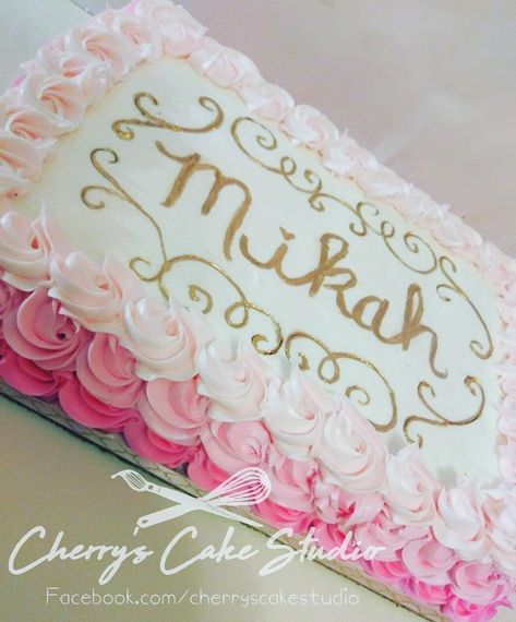 Pink ombre rosette sheet cake Sheet Cake Rosettes, Rosette Sheet Cake Ideas, Rectangular Birthday Cake Ideas, Pink And Gold Sheet Cake, Pink Sheet Cake Birthday, Sweet 16 Sheet Cake Ideas, Princess Birthday Sheet Cake, Ombre Sheet Cake, Sweet 16 Sheet Cake