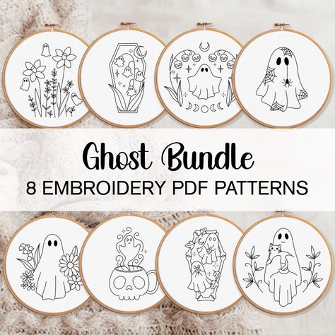 This listing is for 8 embroidery pattern templates. It is for hand embroidery, and is NOT suitable for machine embroidery. You will not receive any physical products as this is a DIGITAL DOWNLOAD ONLY. After purchasing you will receive a PDF file. Open the file and click on the link. This will take you to the Google Drive where you will be able to download an A4 sized PDF pattern template for each of the designs. It comes with patterns scaled to fit 3", 4", 5", 6", 7" and 8" hoops. It is up to y Ghost Of The Valley, Vintage Halloween Embroidery Patterns, Simple Halloween Embroidery Designs, Free Pdf Embroidery Pattern, Ghost Embroidery Pattern, Halloween Embroidery Patterns Free, Embroidery Pattern Templates, Disney Embroidery Patterns, Embroidery Christmas Patterns