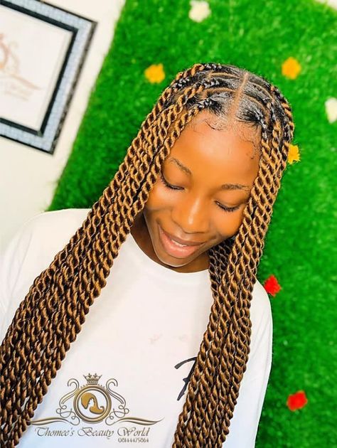 Boxed Twist Braids, Latest Twist Braids Hairstyles, Braided Hairstyles For Preteens, Big Twists Braids, Twist Braids Hairstyles Ideas, Gold Braids For Black Women, Latest Hair Braids Styles 2023 Twist, Twisting Braids Hairstyles, Medium Rope Twist Braids