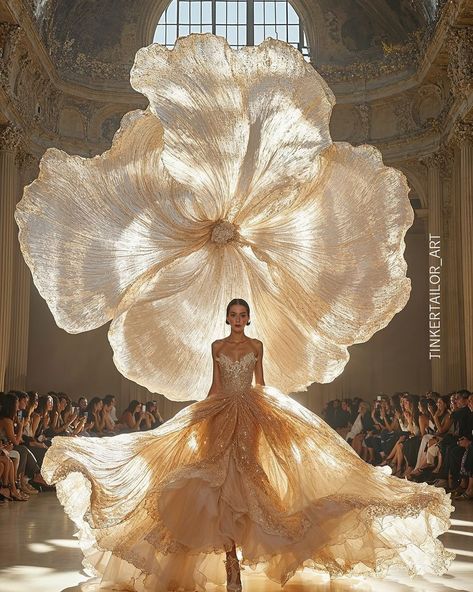 Chinese Designer Dresses, Sun Inspired Gown, Fashion Inspired By Nature Haute Couture, Flower Haute Couture, Fashion Inspired By Flowers, Flowers In Fashion, Fit Dress Outfit, Floral Dress Runway, Flower Inspired Dress