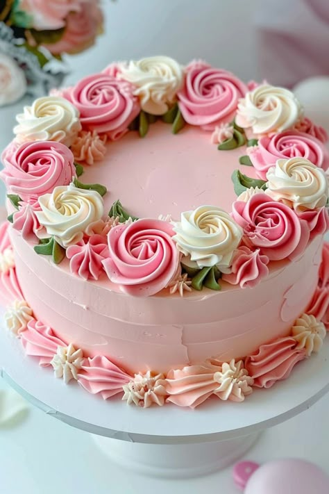 Cake Decorating 70th Birthday, Pink Buttercream Flower Cake, 2 Layer Cake Decorating Ideas, Pretty Floral Cakes, Cake With Frosting Flowers, Swirl Cake Design, Classy Cakes Birthday For Women, 71st Birthday Cake, Cake Decorating Ideas Birthday