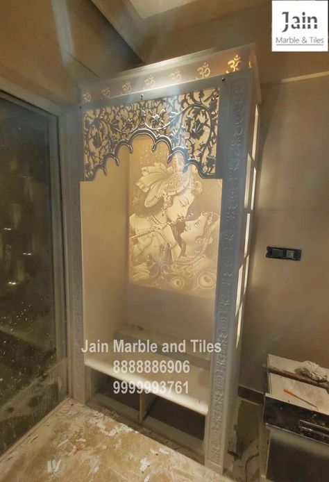 Radha Krishna home mandir in solid surface Radha Krishna Mandir Design, Radha Krishna Home Decor, Radha Krishna Mandir, Pooja Room Ideas Indian, Krishna Mandir, Home Mandir, Pooja Door, Pooja Door Design, Mandir Design