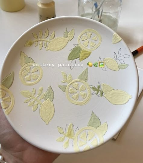 Pottery Painting Instagram Story, Pottery Painting Serving Plate, Citrus Pottery Painting, As You Wish Pottery Painting Ideas, Diy Pottery Painting Designs, Paint A Pot Ideas Plate, Summer Pottery Ideas, Cute Pottery Painting Ideas Plates, Pottery Plates Painting Ideas