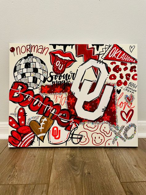 Red, crimson, cream, whimsical, 24x30” canvas, painting, wall art for dorm or apartment Paintings For College Dorms, Abstract Dorm Painting, College Paintings Dorm Room, Oklahoma Wall Art, College Aesthetic Painting, University Painting Ideas, Oklahoma Dorm Room, Canvas Dorm Paintings, Senior Wall Painting Ideas