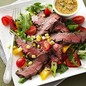 Grilled Flank Steak Salad From Better Homes and Gardens, ideas and improvement projects for your home and garden plus recipes and entertaining ideas. Flank Steak Salad, Main Dish Salad Recipes, Steak Salad Recipe, Resep Salad, Healthy Grilling Recipes, Grilled Flank Steak, Healthy Grilling, Steak Salad, Main Dish Salads