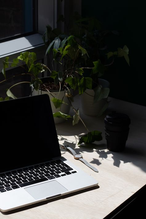 Picture Of Coffee, Aesthetic Picture, A Desk, Aesthetic Pictures, Laptop, Desk, Coffee, Electronic Products, Plants