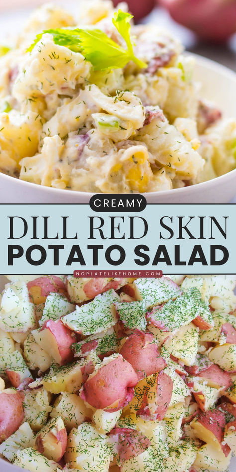 Out of summer salad ideas? This Creamy Red Skin Dill Potato Salad is made of steamed potatoes seasoned with dill, boiled eggs, and mayonnaise. This vegetarian salad also makes a great picnic idea or an easy 4th of July recipe! Classic Dinners, Potato Salad With Dill, Red Skin Potato Salad, Dill Potato, American Potato Salad, Salad With Dill, Potato Salad Mustard, Potato Salad Dill, Potatoe Salad