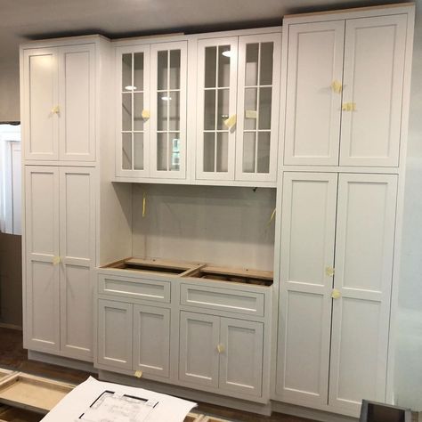 Glenbrook Cabinetry | Pantry storage doesn’t have to be boring, people! Here we combined your “traditional” tall pantry cabinets with glass uppers [+ mullion] as… | Instagram Closed Pantry Cabinets, Glass Wall Cabinets Kitchen, Kitchen Wall Pantry Cabinets, Pantry Built In Cabinets, Pantry Wall Cabinets, Pantry Cabinets In Kitchen, Wall Pantry Cabinets, Built In Coffee Bar Ideas Kitchen, Cabinets Floor To Ceiling