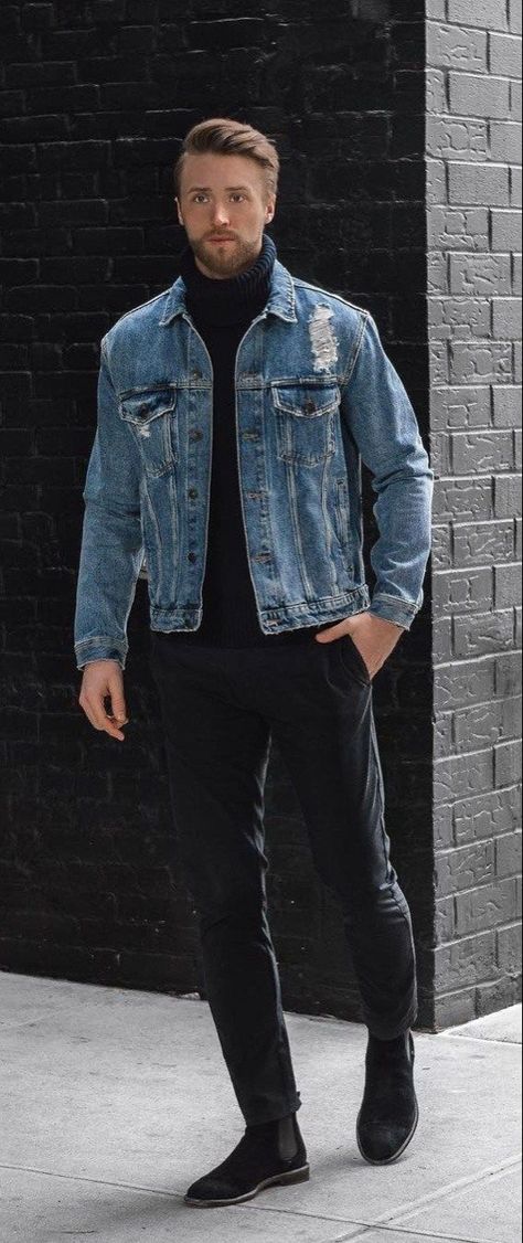 Blue Denim Jacket Outfit, Jean Jacket Outfits Men, Denim Jacket Men Outfit, Black Denim Jacket Outfit, Denim Outfit Men, Men's Denim Style, Jean Jacket Outfits, Denim Jacket Outfit, Denim Jacket Fashion