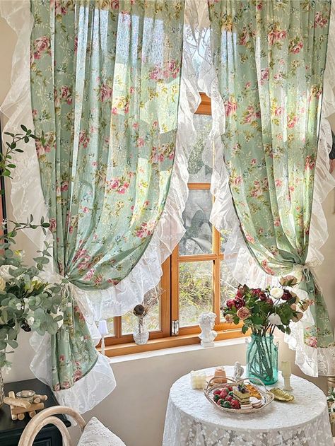 1pc Rustic Style Floral Printed Linen Curtain With Ruffles Green Short Cafe Curtain For Kitchen Bathroom Rod Pocket Top Green    Polyester     Home Decor, size features are:Bust: ,Length: ,Sleeve Length: Curtain For Window, Flat Window, Romantic Curtains, Cottage Core Home, Ruffle Curtains, Curtains Home, Farmhouse Curtains, Vintage Curtains, Green Curtains