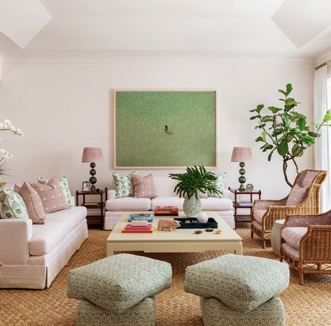 Pink And Green Living Room, Green Powder Room, Chandelier Kitchen Island, Kitchen Island Pendant Light, Green Living Room, Chandelier Kitchen, Tiered Chandelier, Palm Beach Style, Beach Interior