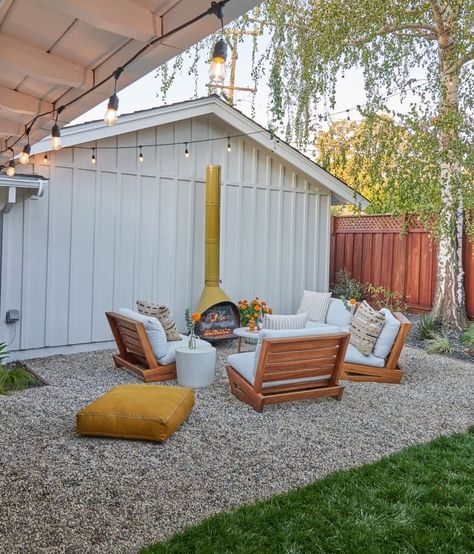 Back Patio Small Spaces, Garage Backyard Ideas, Simple Backyard Upgrades, Garden Off Patio, No Trees Backyard Ideas, Turn Driveway Into Patio, Cheap Landscaping For Large Yard, Large Backyard Patio Ideas, Small Pea Gravel Patio Ideas