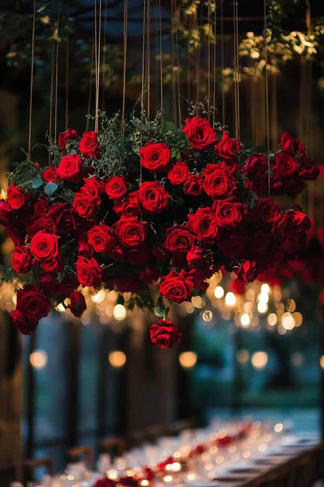 25 Stunning Ideas For A Red Rose Wedding Theme • Simple Red Rose Bridal Bouquet, Red Roses Wedding Ceremony, Red Wedding Reception Decorations, Wedding Red Roses Theme, Marry Me Decor Ideas, Black And White Wedding With Red Roses, Romantic Red Rose Wedding Theme, Valentine Wedding Theme, Dark Red Love Aesthetic