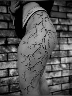 Lightning Tattoo On Thigh, Lightning Bolt Leg Tattoo, Back Tattoo Lightning, Lighting Leg Tattoo, Lightening Strike Tattoo, Lighting Storm Tattoo, Black Lightning Tattoo, Lightning Leg Tattoo, Tattoo Ideas Lightning