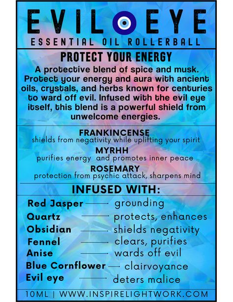 A protective blend of spice and musk. Protect your energy and aura with ancient oils, crystals, and herbs known for centuries to ward off evil. Infused with the evil eye itself, this blend is a powerful shield from unwelcome energies. Details 10 ML Earthy/Masculine scent Sweet almond oil base Ingredients Prunus Amygdalus Dulcis Oil (Sweet Almond Oil), Boswellia Carterii Oil (Frankincense Essential Oil), Commiphora Myrrha Oil (Myrrh Essential Oil), Rosmarinus Officinalis Oil (Rosemary Essential Oil), Juniperus Communis Fruit Oil (Juniper Berry Essential Oil), Salvia Sclarea Oil (Clary Sage Essential Oil), Vanilla Planifolia Fruit Extract (Vanilla Essential Oil), Foeniculum Vulgare Seed Oil (Fennel Seed), Pimpinella Anisum Fruit Oil (Anise Seed), Centaurea Cyanus Flower (Dried Blue Cornflowe Wiccan Essential Oils, Witchcraft Essential Oils, Protection Essential Oils, How To Use Oils In Witchcraft, Protection Oil Recipe, Protection Oil, Protection Oils Witchcraft, Protection Oil Recipe Witchcraft, Protective Oils Witchcraft