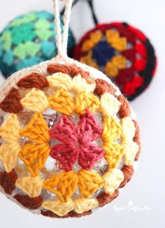 Crochet Granny Square Ornament Ball Baubles Granny Square Ornament Pattern, Red Heart Granny Square Yarn Patterns, Granny Square Ornament, Crochet Monster Hat, Granny Christmas, Yarn Box, Repeat Crafter Me, Crochet Eyes, Crochet Santa