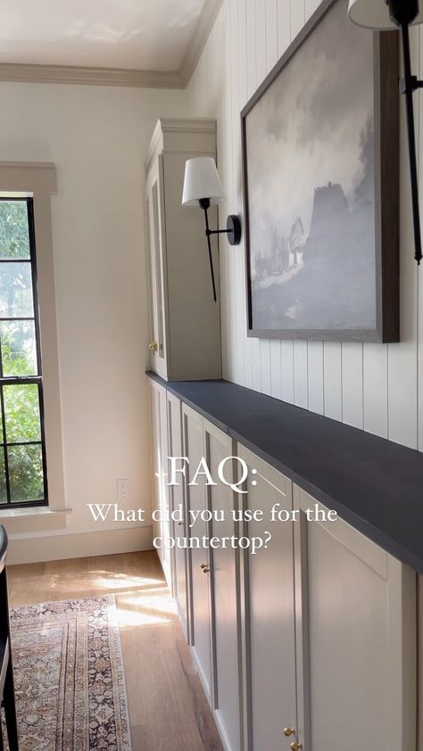 Amanda on Instagram: “Q: What did you use for the ‘countertop’ A: Two edge glued wood panels from @loweshomeimprovement that I cut to length and fastened…” Sideboard Styling Kitchen, Using Wall Cabinets As Base Cabinets, Dining Room Accent Wall With Buffet, Diy Cabinet Buffet, Dining Room Ikea Hacks, Billy Bookcase Hack Dining Room, Dining Room Display Cabinet Ideas, Ikea Sideboard Hack Buffet, Shallow Built Ins