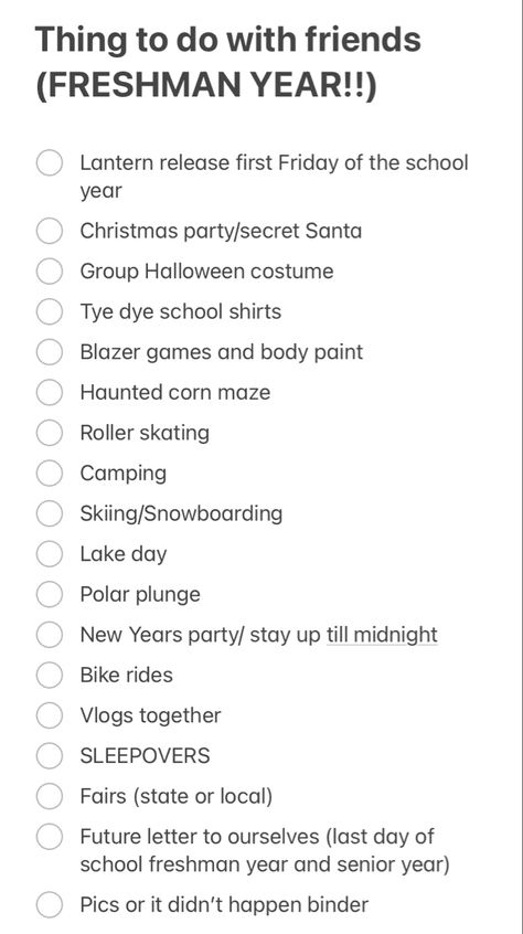 These are some things that i want to do with my friends during Freshman year! Cant wait for it to start!!! 🤗 Freshmen Year Bucket List, Things To Do During Senior Year, Things To Do In Highschool, College Bucket List Freshman, Freshman Bucket List High School, Freshman Journal Ideas, First Year Of Highschool, Freshman Year Vision Board, High School Freshman Aesthetic