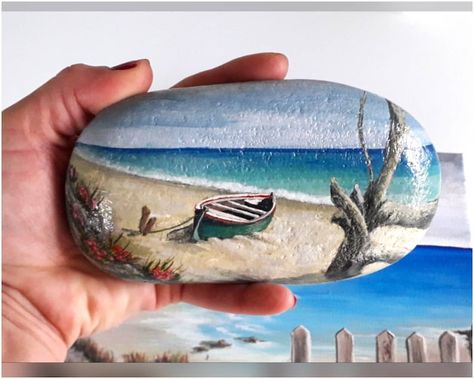 Painting On Stone, Beach Rock Art, Stone Landscape, Landscape Sea, Diy Rock Art, Sea Wedding, Stone Art Painting, Painted Rocks Craft, Painted Rocks Diy