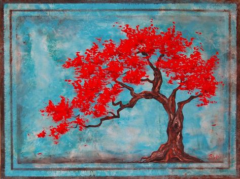 Cherry Blossom Bonsai Tree Drawing, Red Tree Tattoo, Bonsai Tree Wallpaper, Japanese Tree Art, Library Forest, Red Tree Painting, Bonsai Tree Painting, Tree With Red Flowers, Cherry Blossom Bonsai Tree