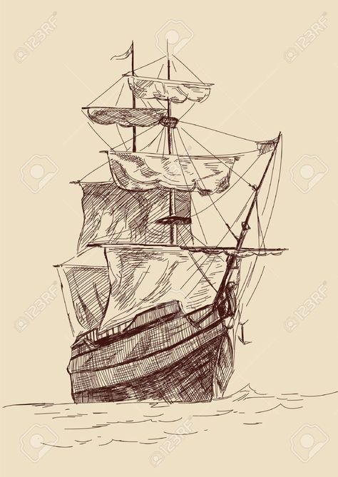 Vintage Ship Drawing, Ship Sea Drawing, Old Boat Drawing, Ship On The Sea Drawing, Pirate Ship Art Drawing, How To Draw Boats, How To Draw Ship, How To Draw A Ship, Small Boat Drawing