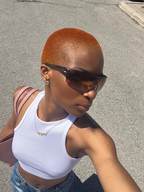 Shaved Ginger Hair, Low Cut Black Woman, Short Hair Ginger Color, Short Hair Dye Ideas Black Women, Ginger Low Cut Hair Black Women, Ginger Hair Short Hair, Ginger Buzzcut, Short Hair Dark Skin, Dyed Buzzed Hair Women