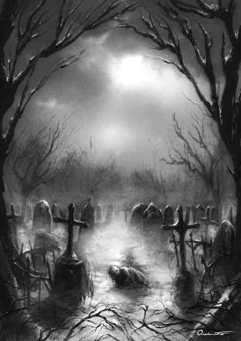 Cemetery artwork Scary Graveyard, Graveyard Tattoo, Grim Reaper Art, Art Noir, Gothic Fantasy Art, Old Cemeteries, Cemetery Art, Dark Art Tattoo, Horror Tattoo