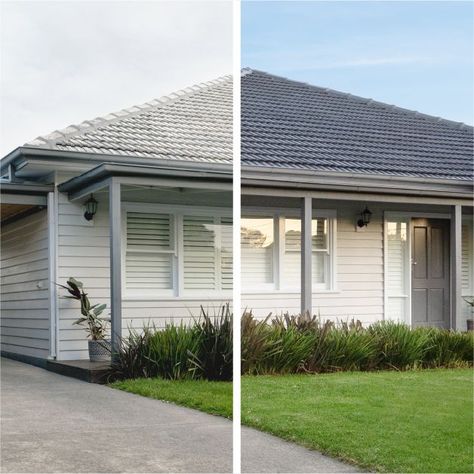 Outside House Colors, Street Appeal, Weatherboard House, Roof Restoration, Roof Paint, Painting Tile Floors, House Cladding, House Restoration, House Shed