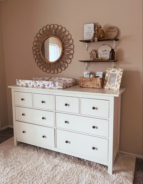 Dresser As A Changing Table, Ikea Dresser Change Table, Gender Neutral Nursery Dresser, Dark Dresser Nursery, Baby Nursery Dresser Changing Table, Boho Nursery Dresser Decor, Nursery Dresser Changing Table Decor, Boho Nursery Changing Tables, Dresser Changing Table Ideas